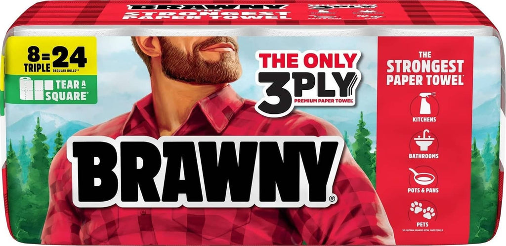 Brawny 3-ply paper towels roll pack, white tear-a-square triple-roll bundle