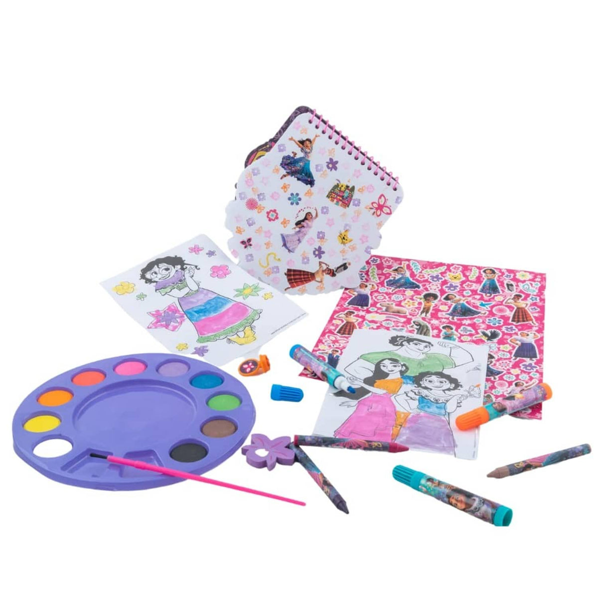 Encanto art set with watercolor palette, spiral notebook, colored pencils/crayons, and sketch pages