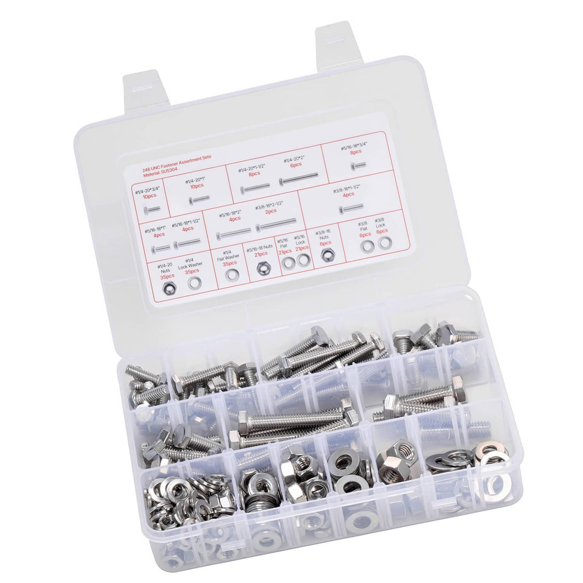 Stainless steel bolt and nut assortment kit in clear compartment storage box