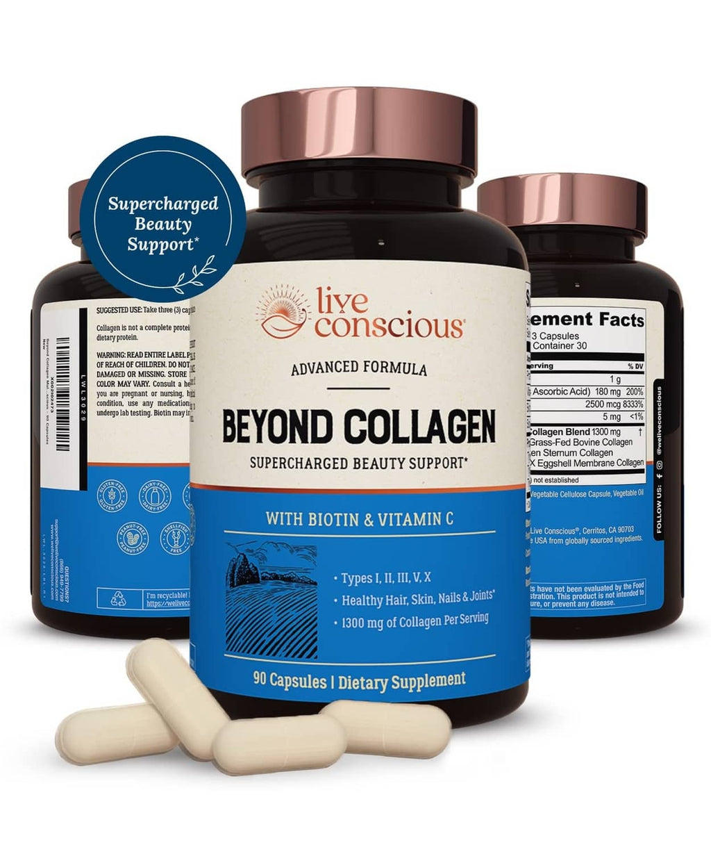 Collagen supplement capsules bottle with rose-gold cap and scattered beige capsules
