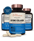 Collagen supplement capsules bottle with rose-gold cap and scattered beige capsules