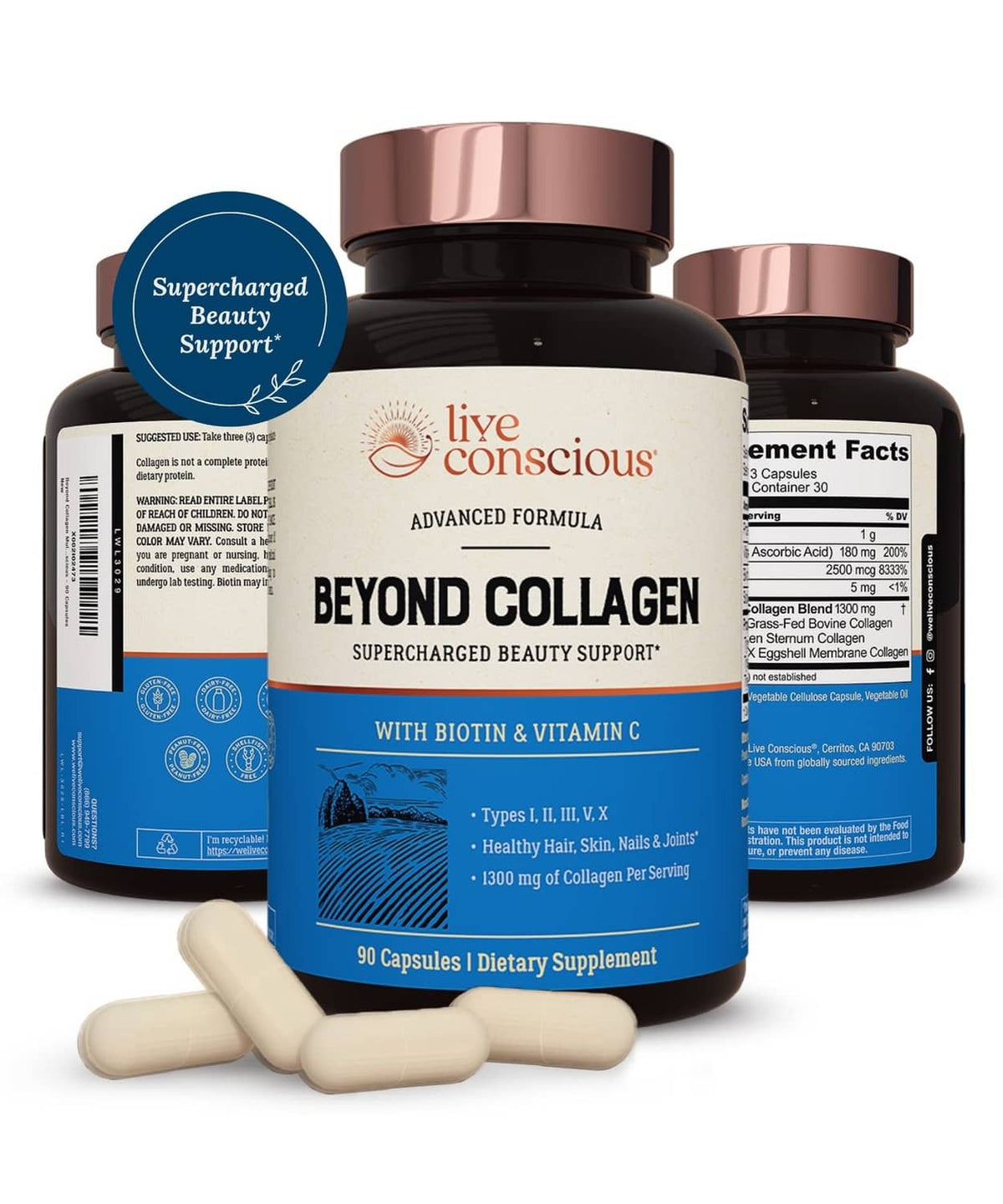 Collagen supplement capsules bottle with rose-gold cap and scattered beige capsules