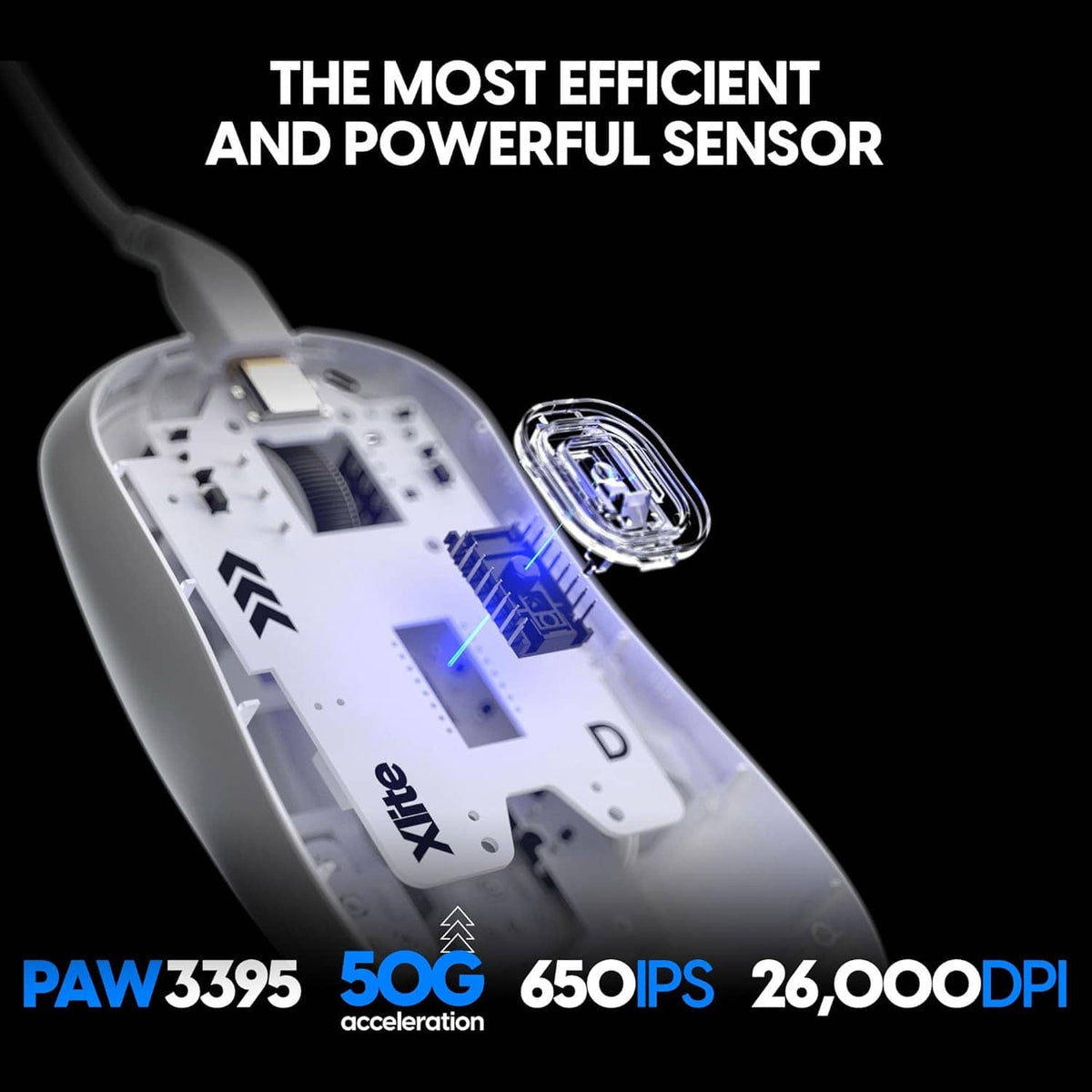 Mouse sensor module inside white housing with blue motion indicators