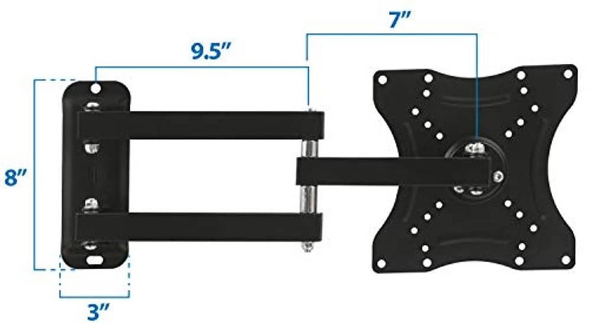 Black TV wall mount dimensions diagram showing wall bracket and arm spacing
