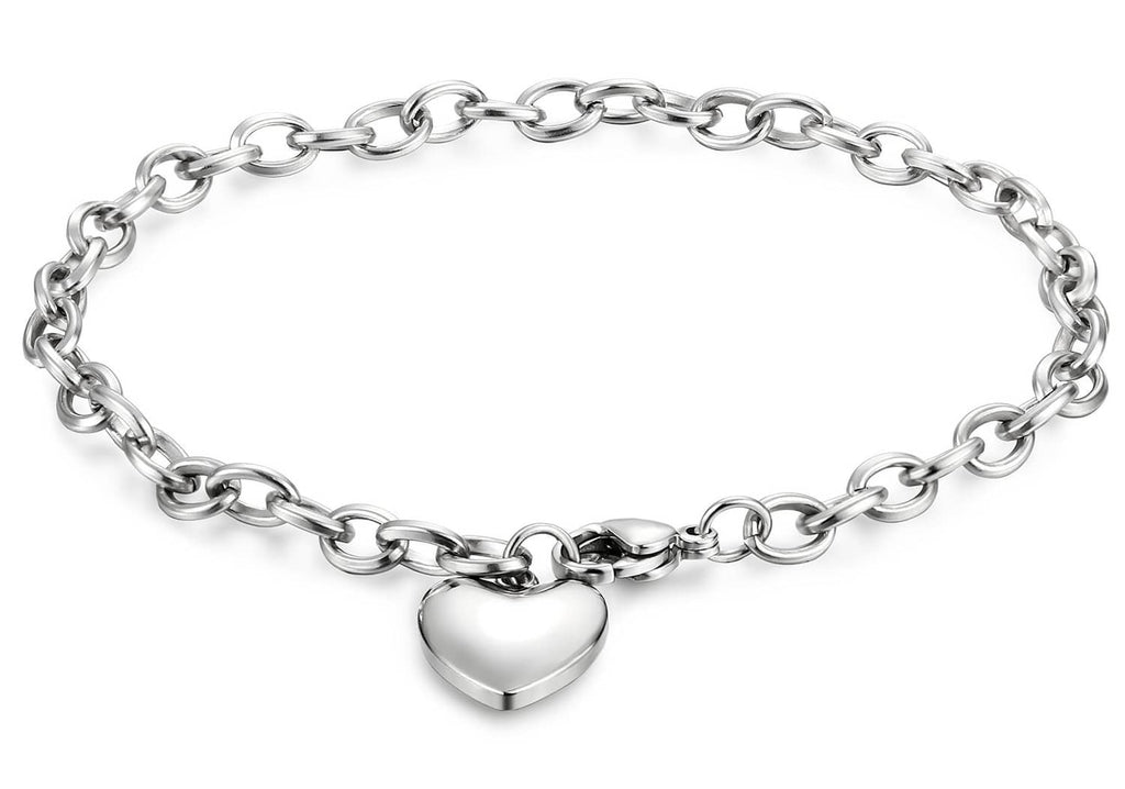 Silver-tone heart charm bracelet with clasp and heart pendant centered