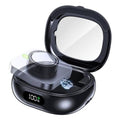 Black portable charging case, open with ring charging dock and 100% display