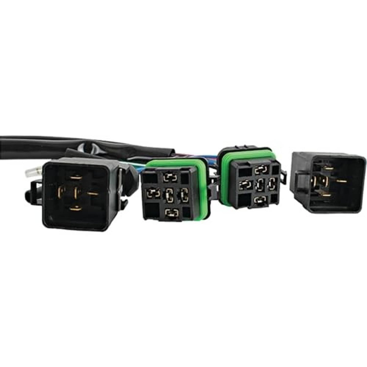 3-wire wiring harness connectors close-up: black plugs with green and gray housings