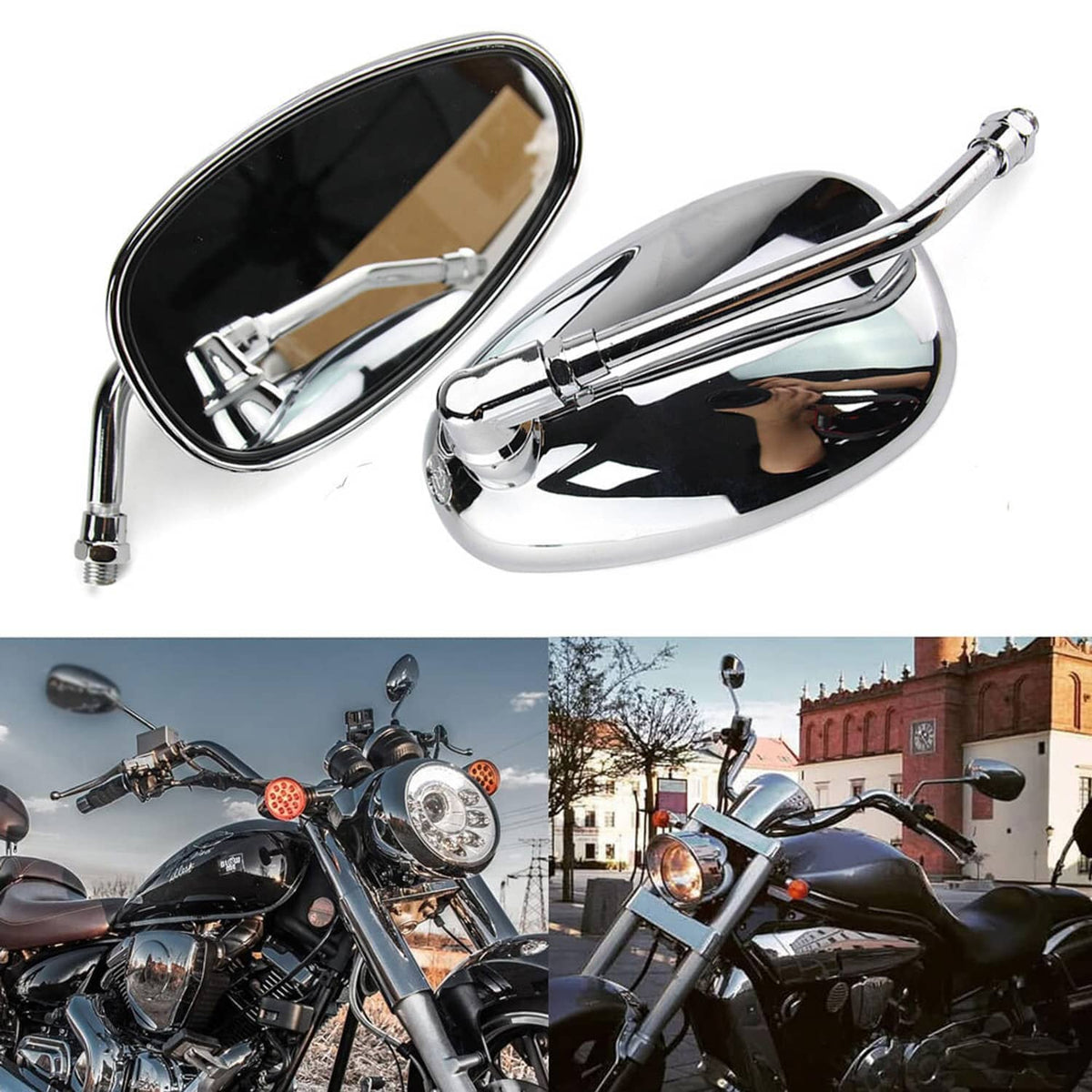 Close-up of chrome oval motorcycle mirrors with reflective dark glass and stems