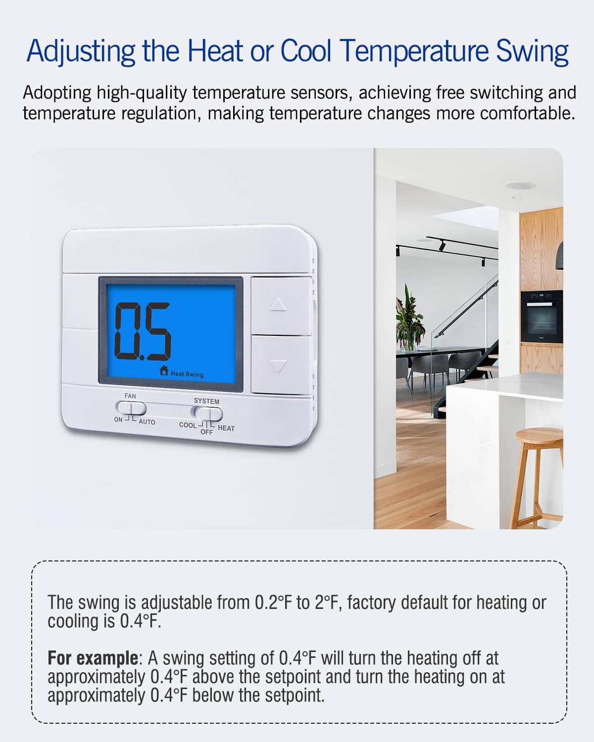 Non-programmable thermostat front with blue screen showing temperature for heat/cool control