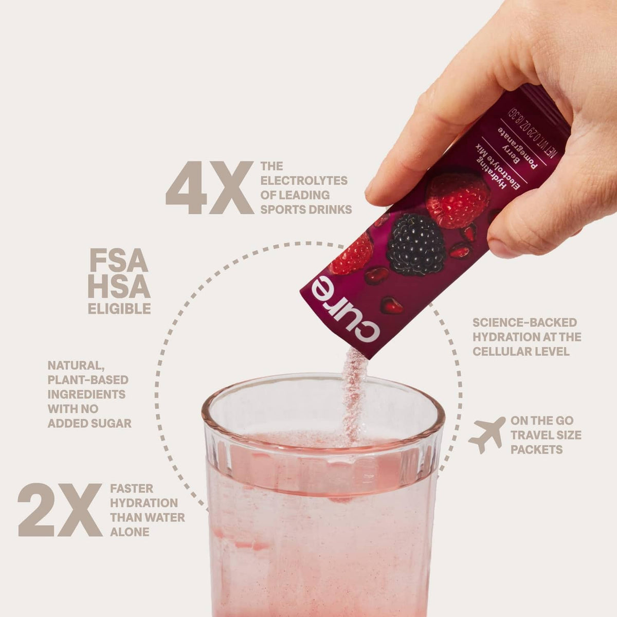 Electrolyte drink mix sachet being poured into a pink glass for berry hydration