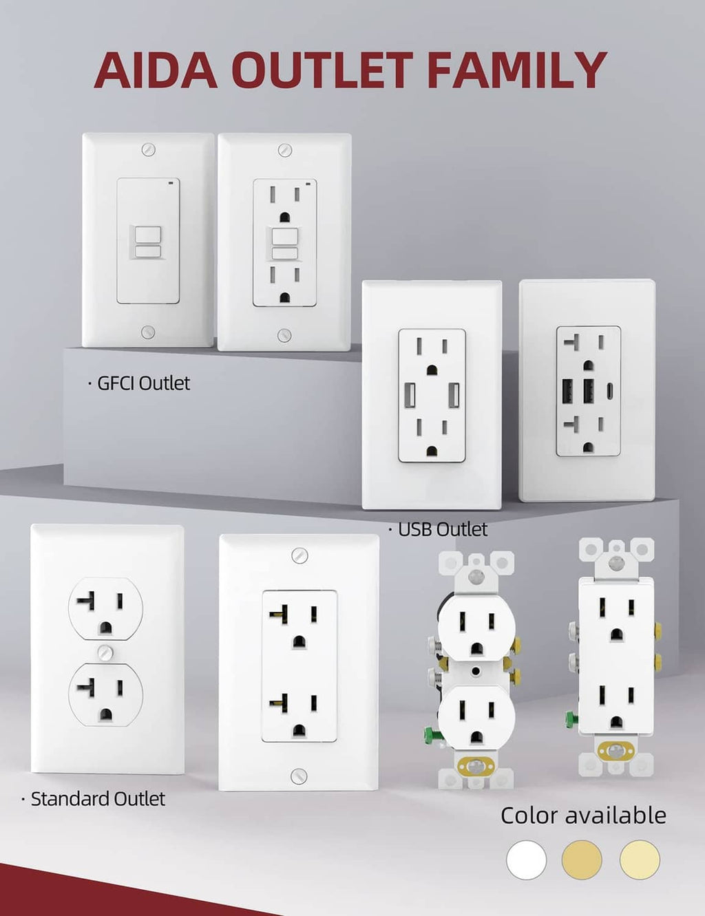 Aida outlet family duplex receptacles and USB/GFCI options, white color