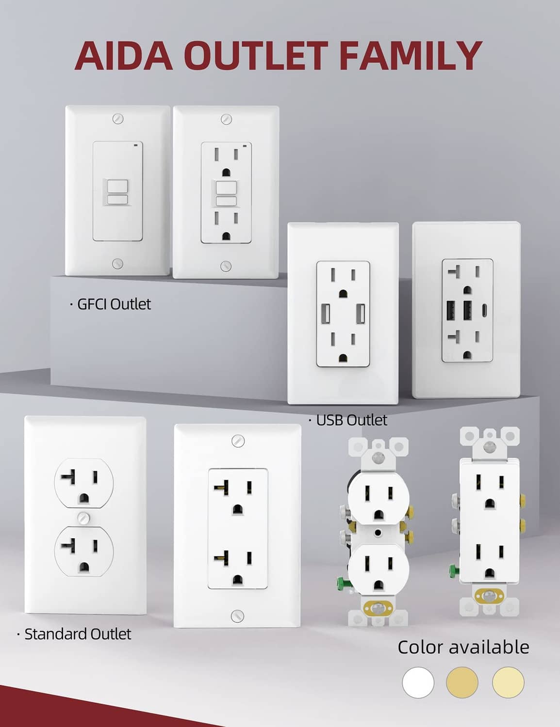 Aida outlet family duplex receptacles and USB/GFCI options, white color
