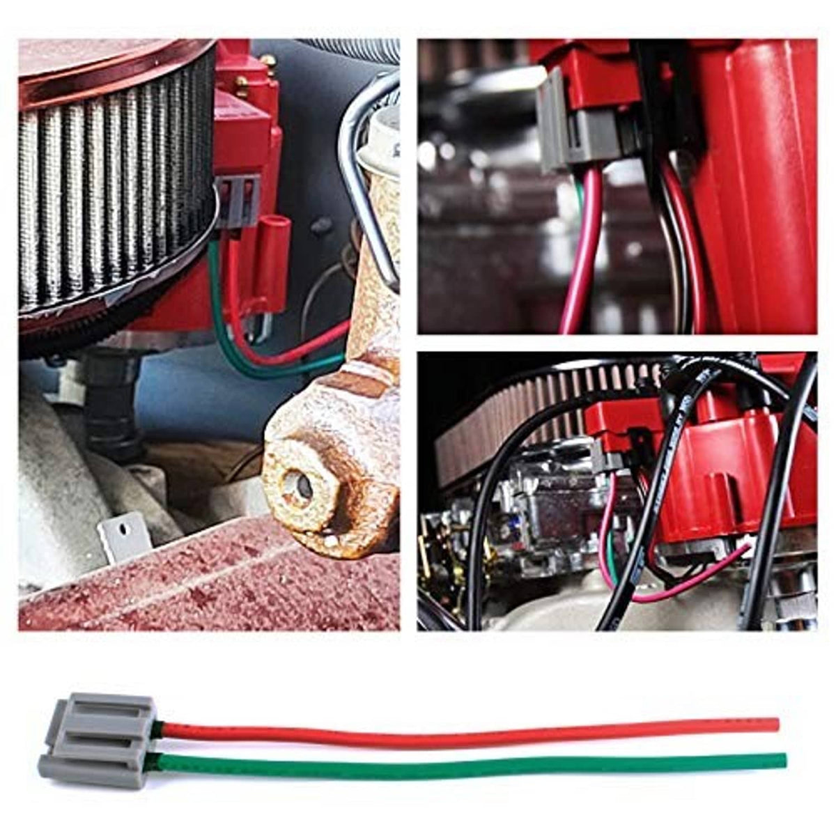 Wiring pigtail harness installed near engine components with red/green/black leads