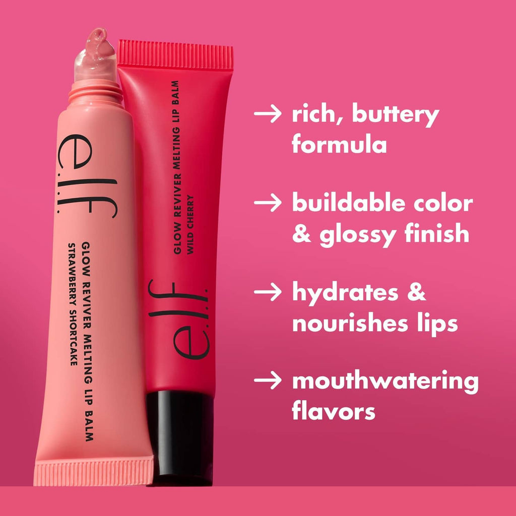 Wild Cherry lip balm on lips, rich rosy pink glossy finish