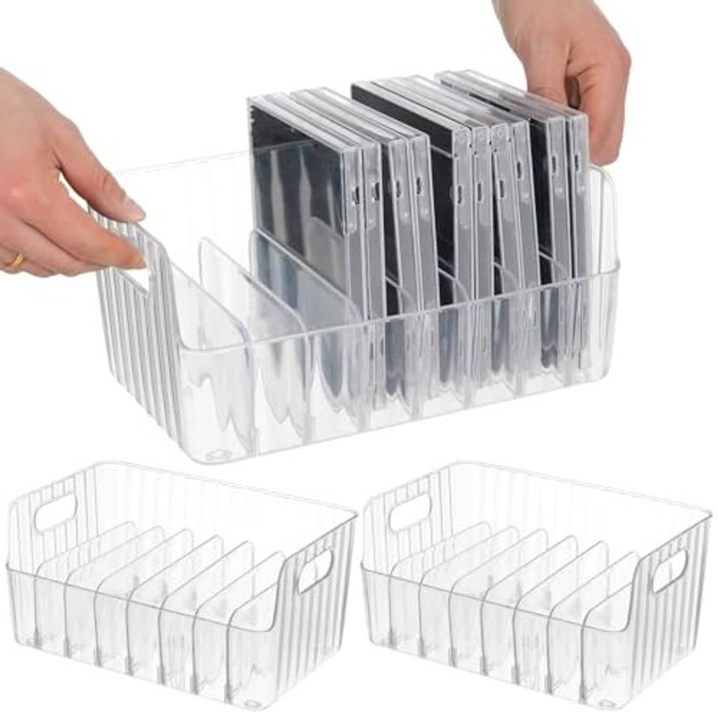Clear acrylic CD holder rack with 7 slots and handle, 3-pack view with CDs