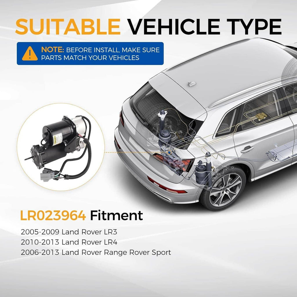Air suspension compressor pump with electrical wiring and fittings, shown with vehicle fitment