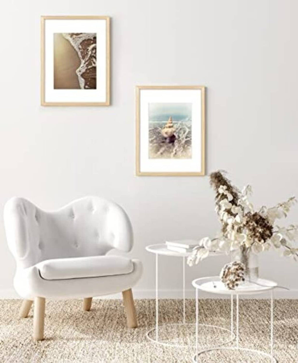 Wall picture frames with light oak finish and white mats, two small square frames