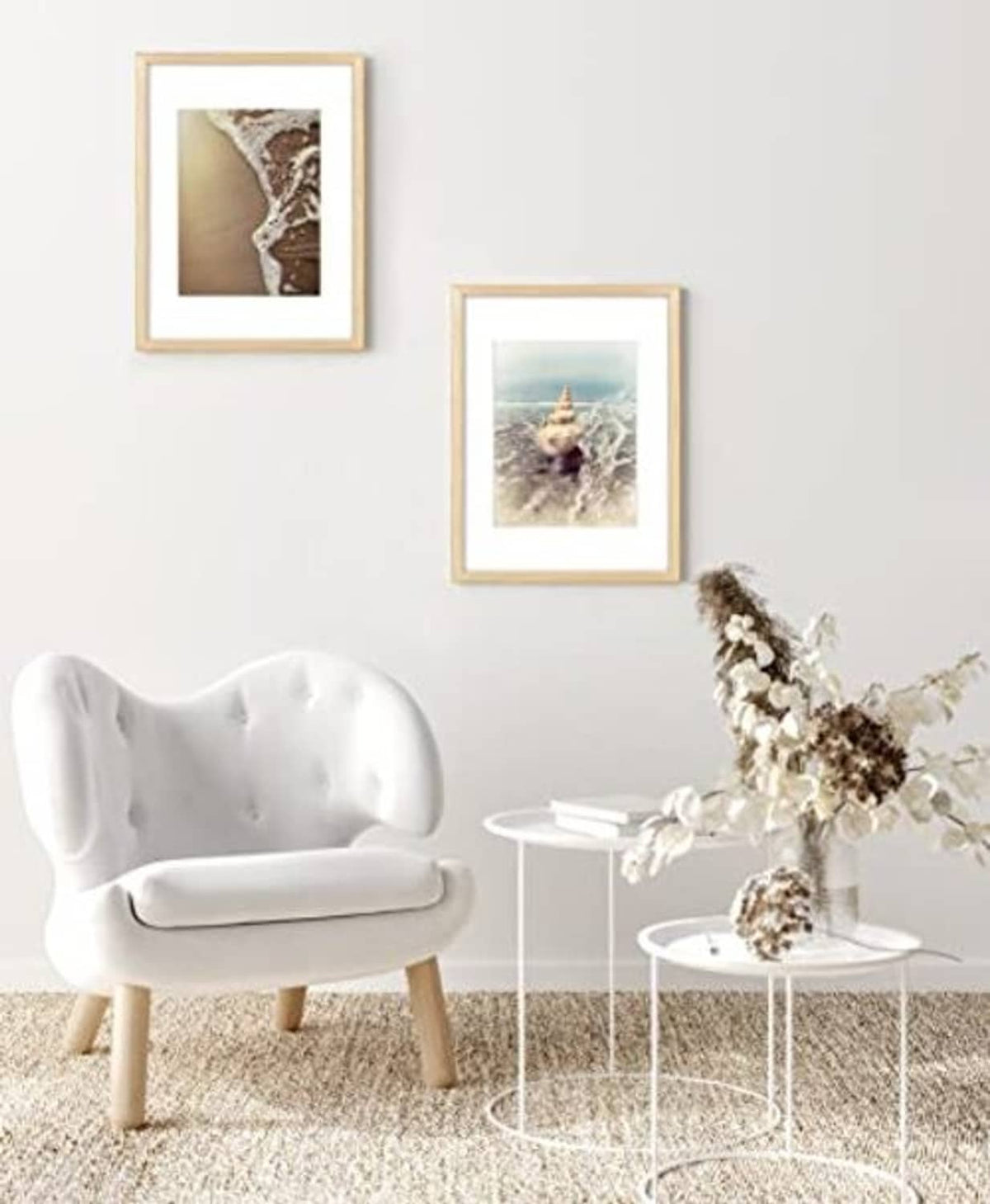 Wall picture frames with light oak finish and white mats, two small square frames