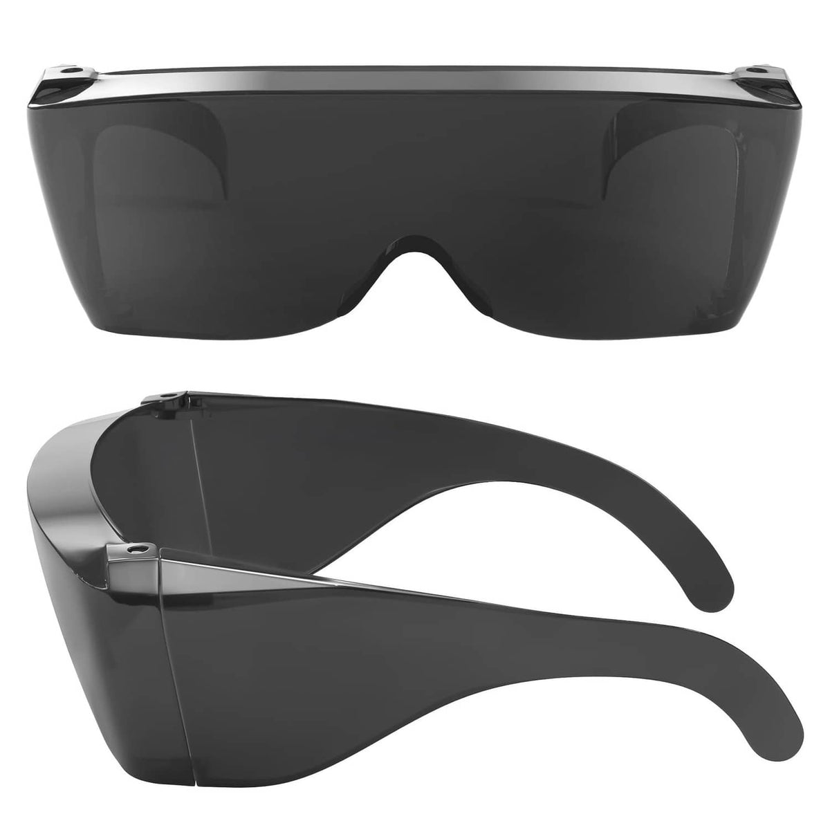 Black wrap-around sunglasses cover-up with dark tinted lenses, front and side view.