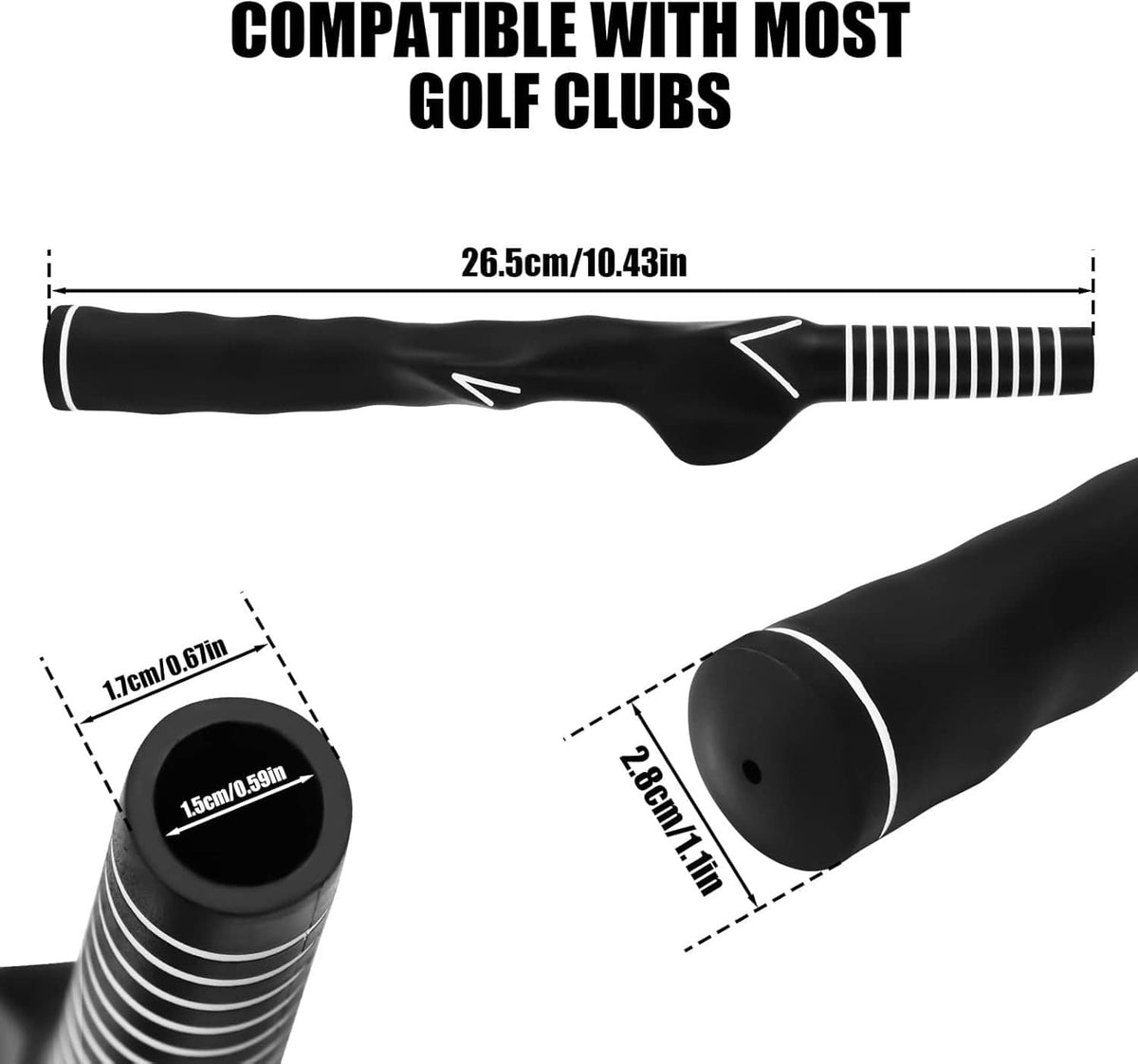 Left-handed golf training grip, black anti-slip rubber with zebra stripe grip sleeve.
