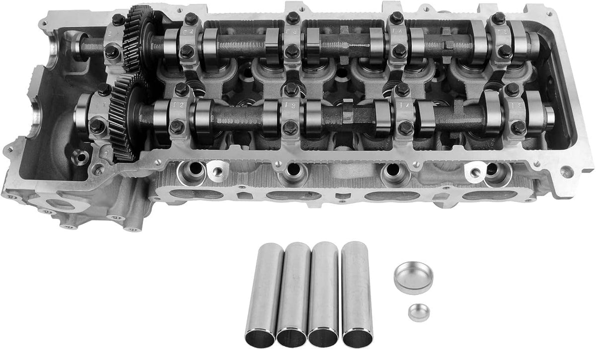 Cylinder head side view with internal camshaft and gear assemblies, silver casting
