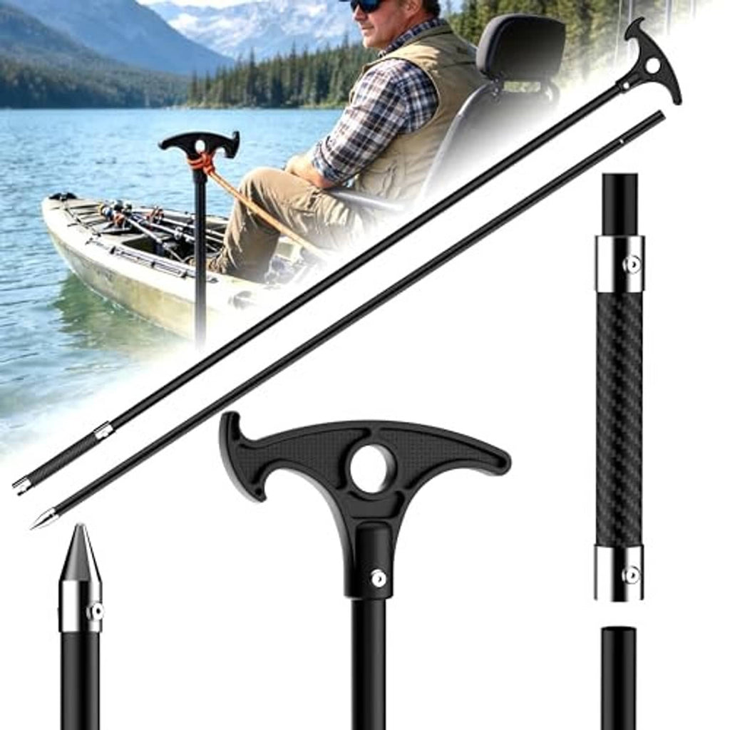Shallow water anchor pole with T-handle grip and hook, two-part pole close-up