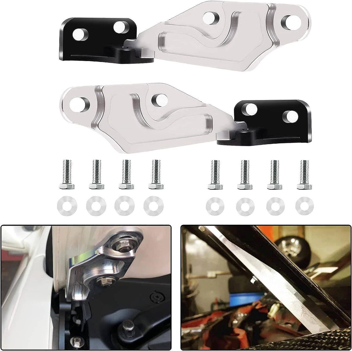 Hood quick release hinge latch set with silver arms, black end plates, and mounting bolts
