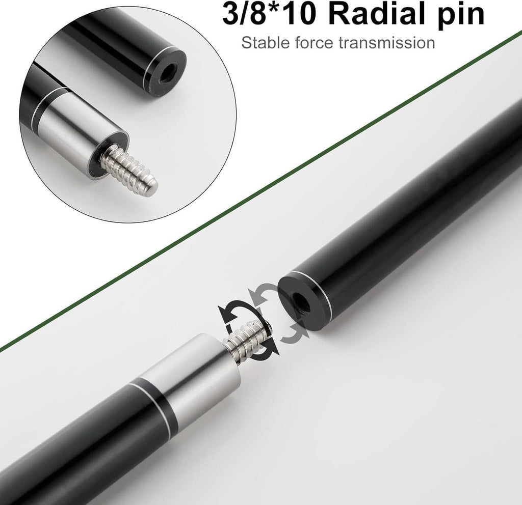Two-piece billiard cue shaft with radial pin joint detail, black composite finish