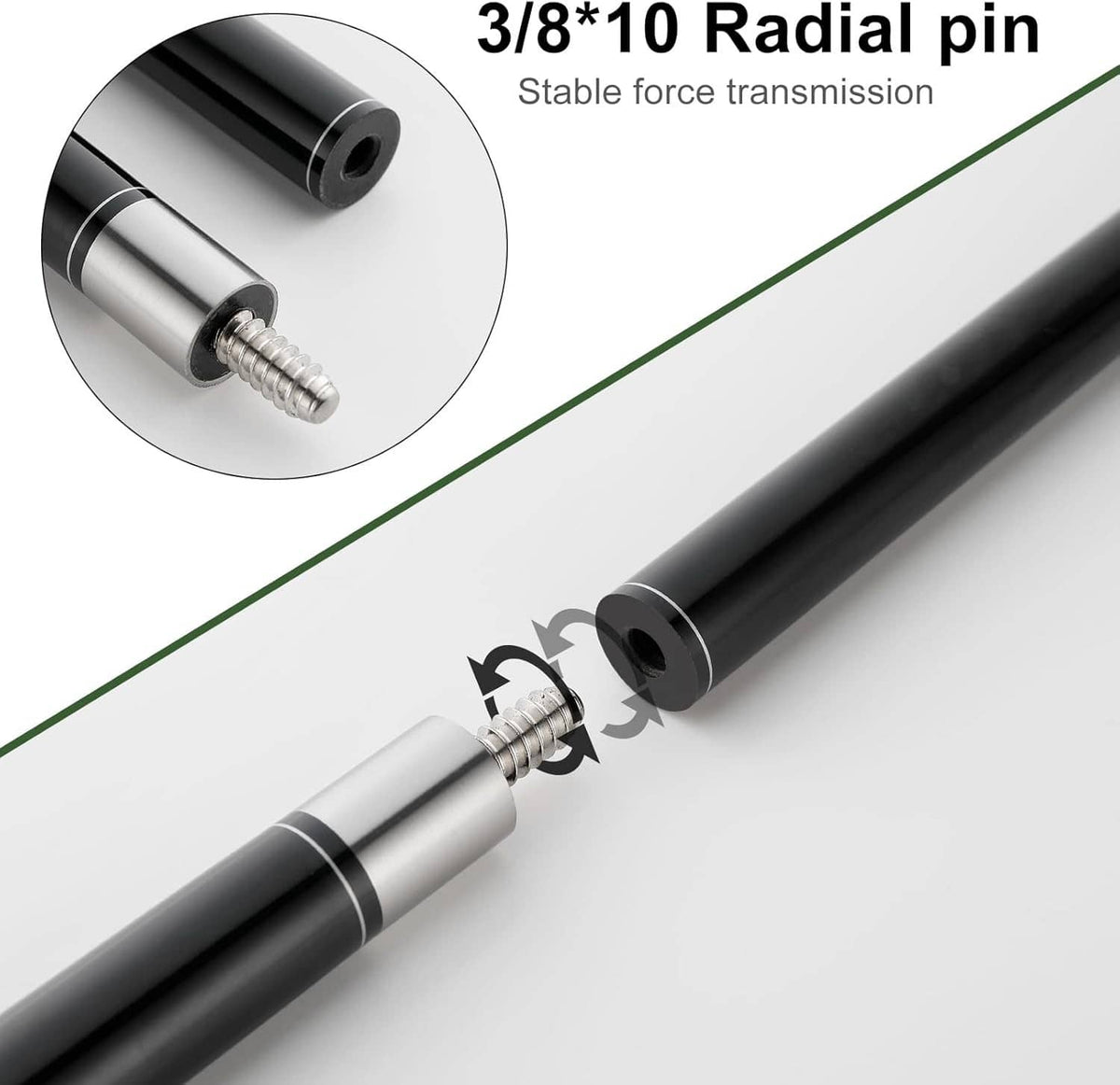 Two-piece billiard cue shaft with radial pin joint detail, black composite finish