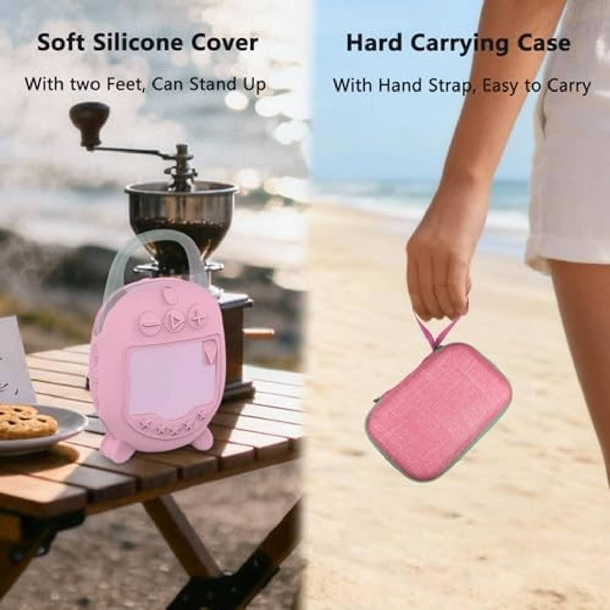 Pink silicone speaker cover with two feet that lets the speaker stand up