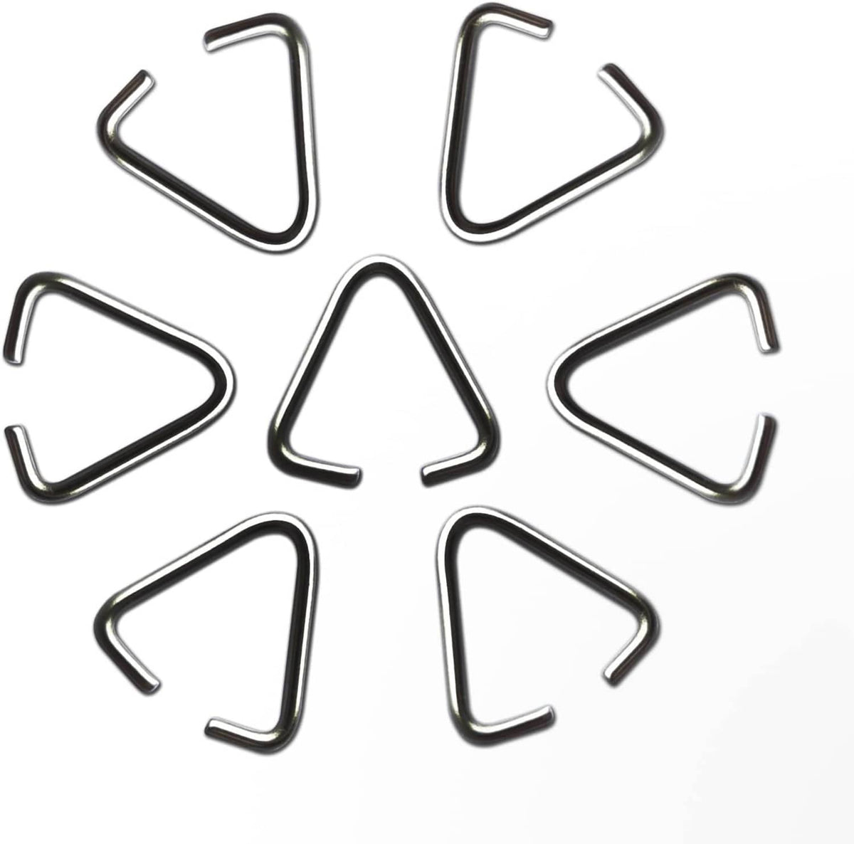 Assorted silver-tone triangle open jump rings, U-shaped pinch-bail clips
