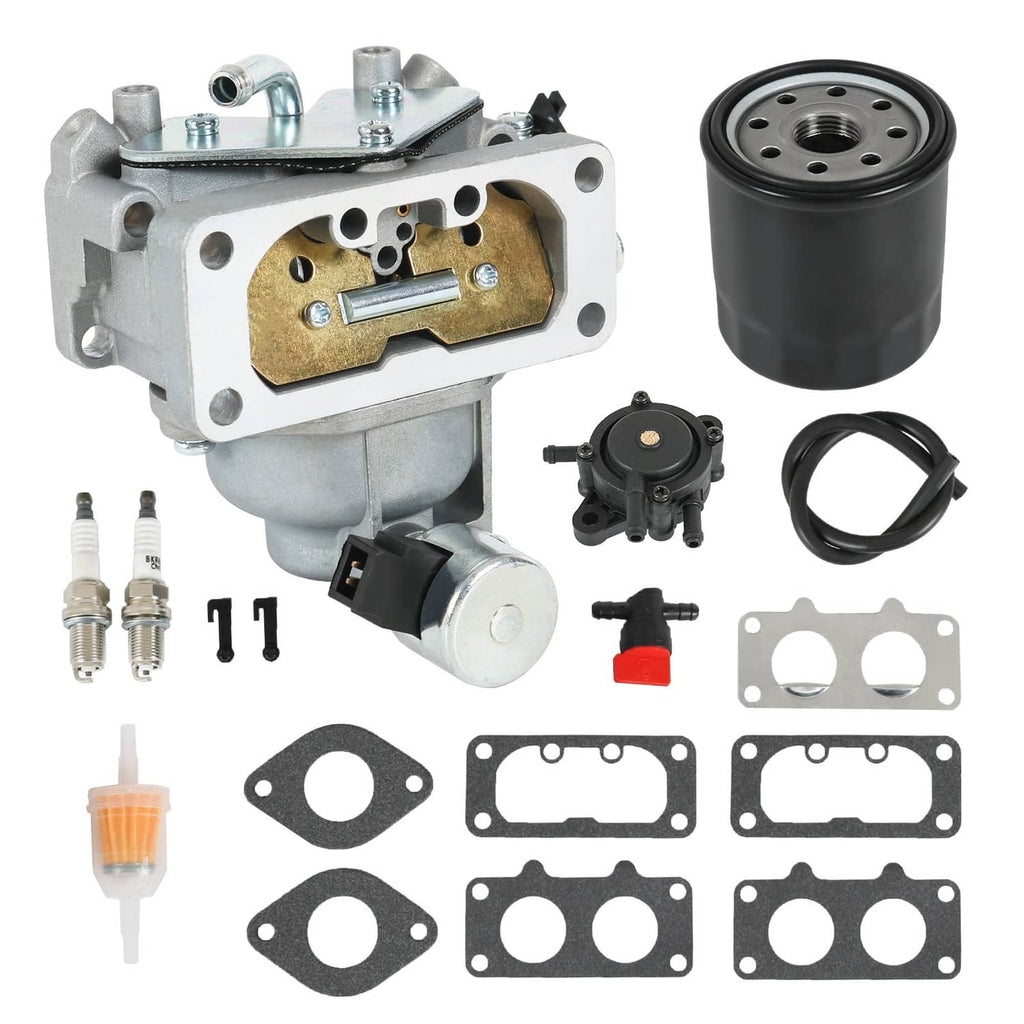 Carburetor kit with metal carb body, black oil filter, spark plugs, and gaskets