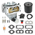 Carburetor kit with metal carb body, black oil filter, spark plugs, and gaskets
