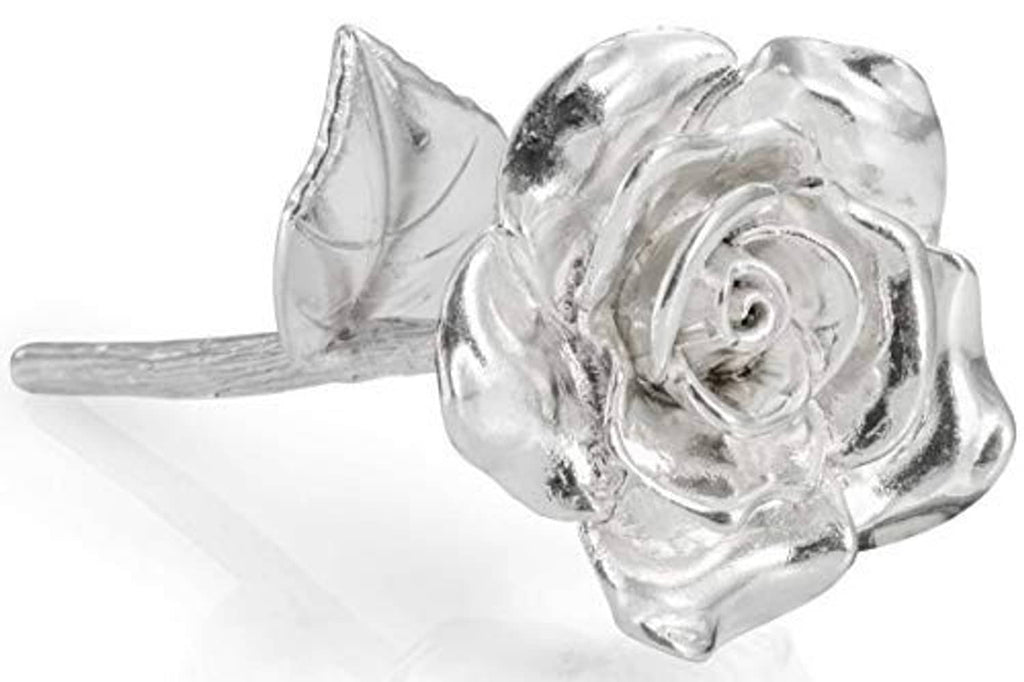 Silver tin rose ornament with layered petals and leaf details