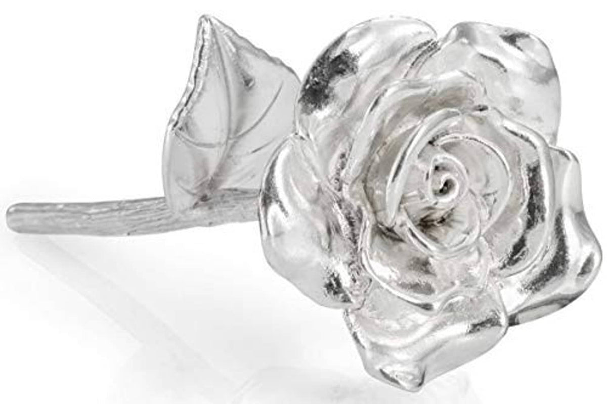 Silver tin rose ornament with layered petals and leaf details