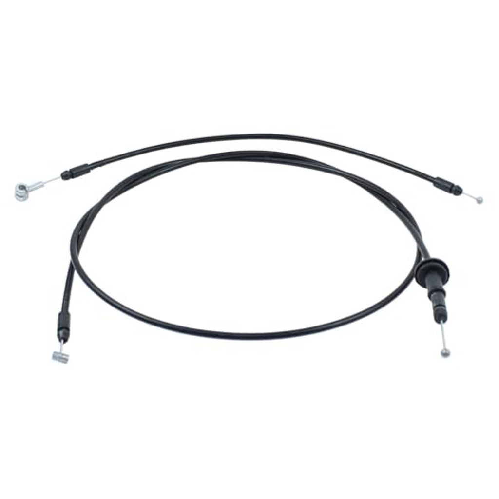 Black hood latch release cable assembly with large rubber grommet and metal terminal ends