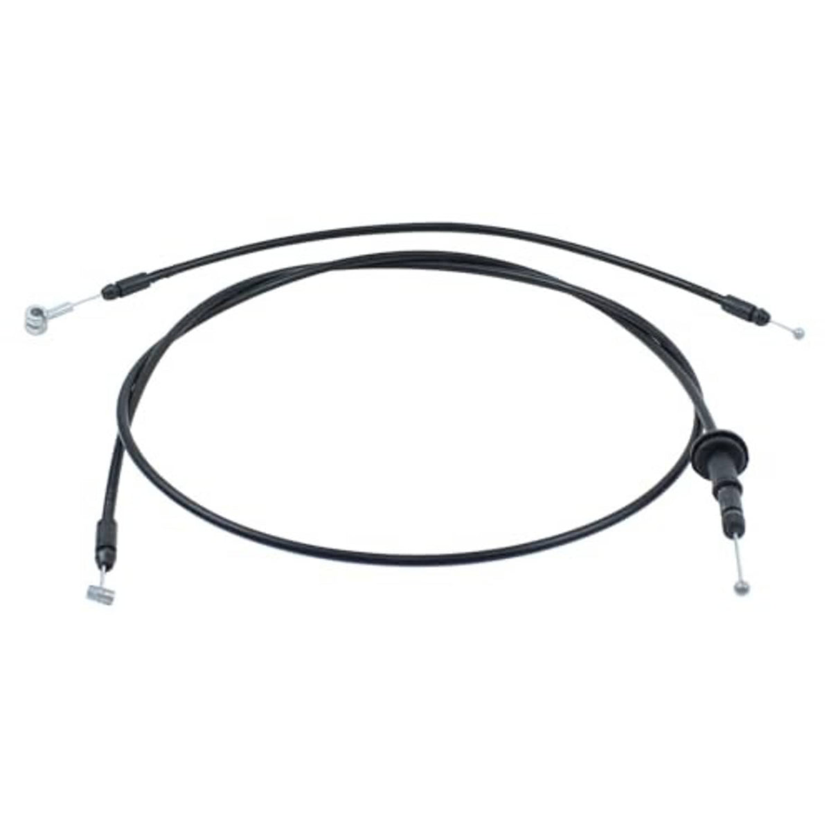 Black hood latch release cable assembly with large rubber grommet and metal terminal ends