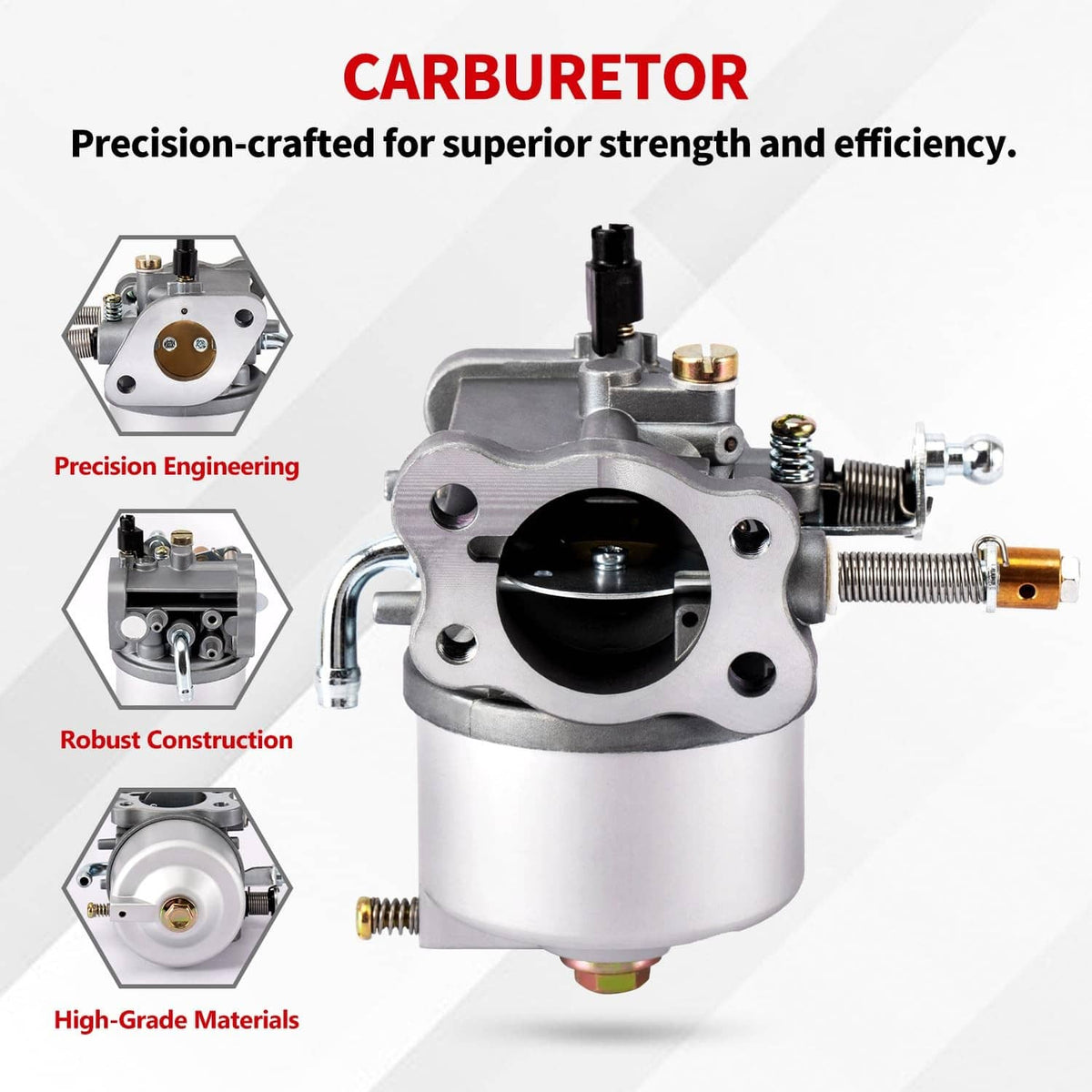 Silver carburetor with black throttle bore, side fittings, and fuel line connector