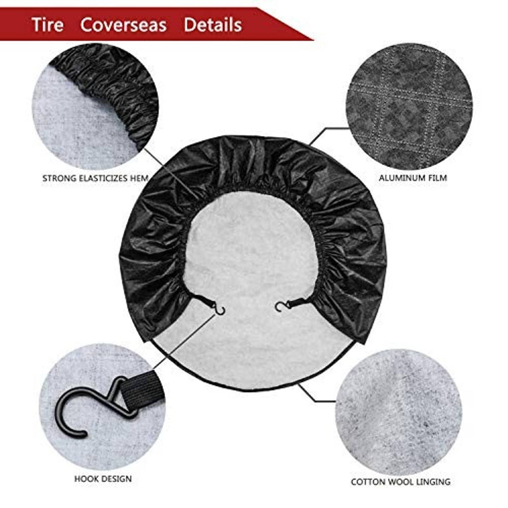 Black RV wheel tire cover features diagram: elastic hem, hook design, and inner lining