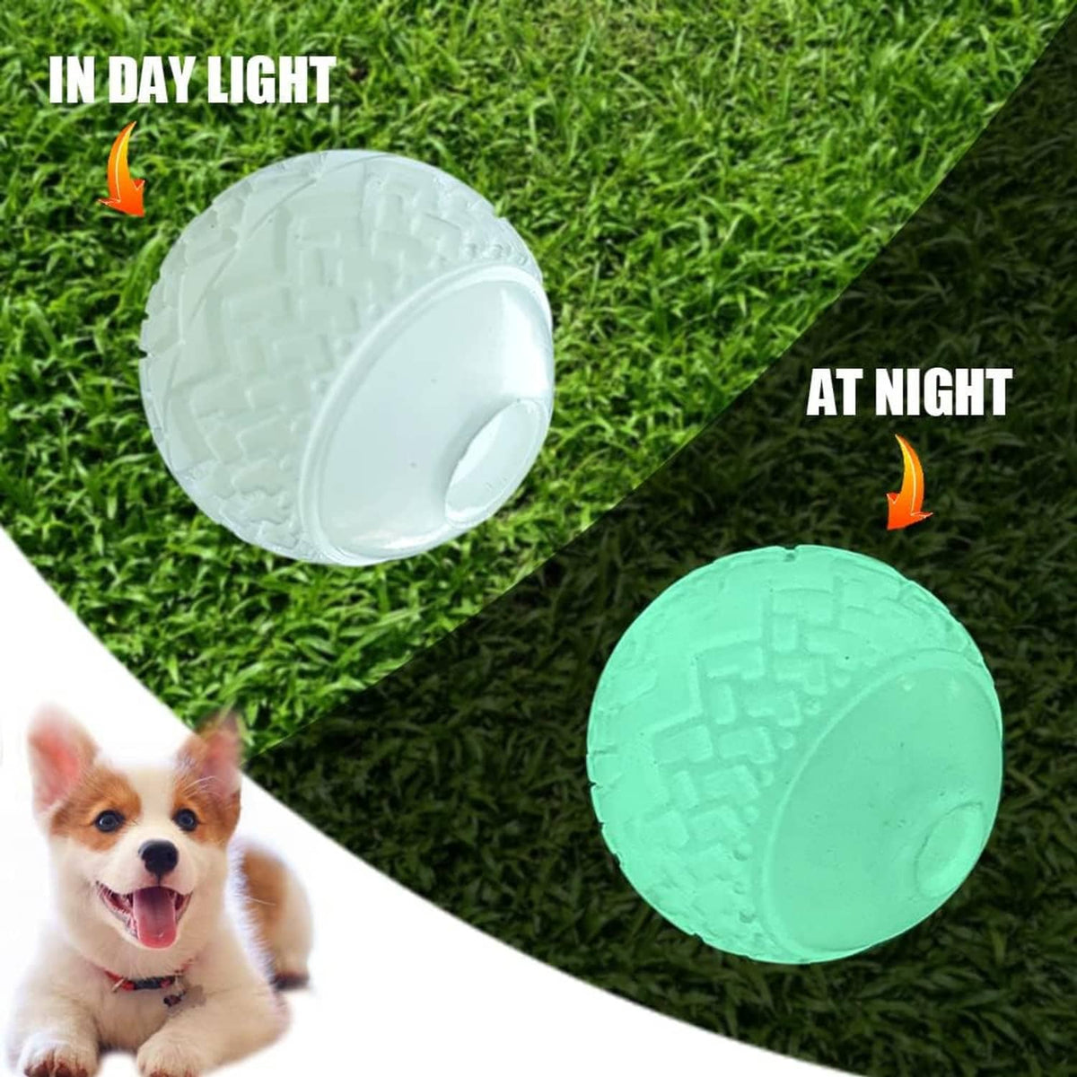 Round dog glow ball toy shown in day (white) and at night (mint-green).