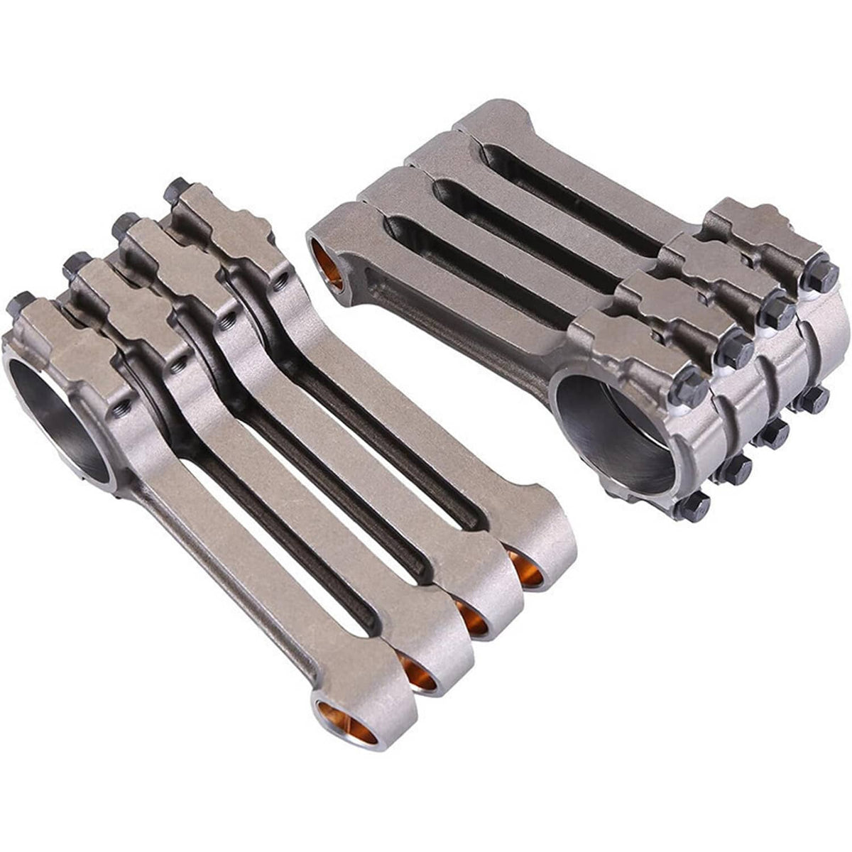 Paired engine connecting rods showing ribbed beams, bronze bearings, and circular ends