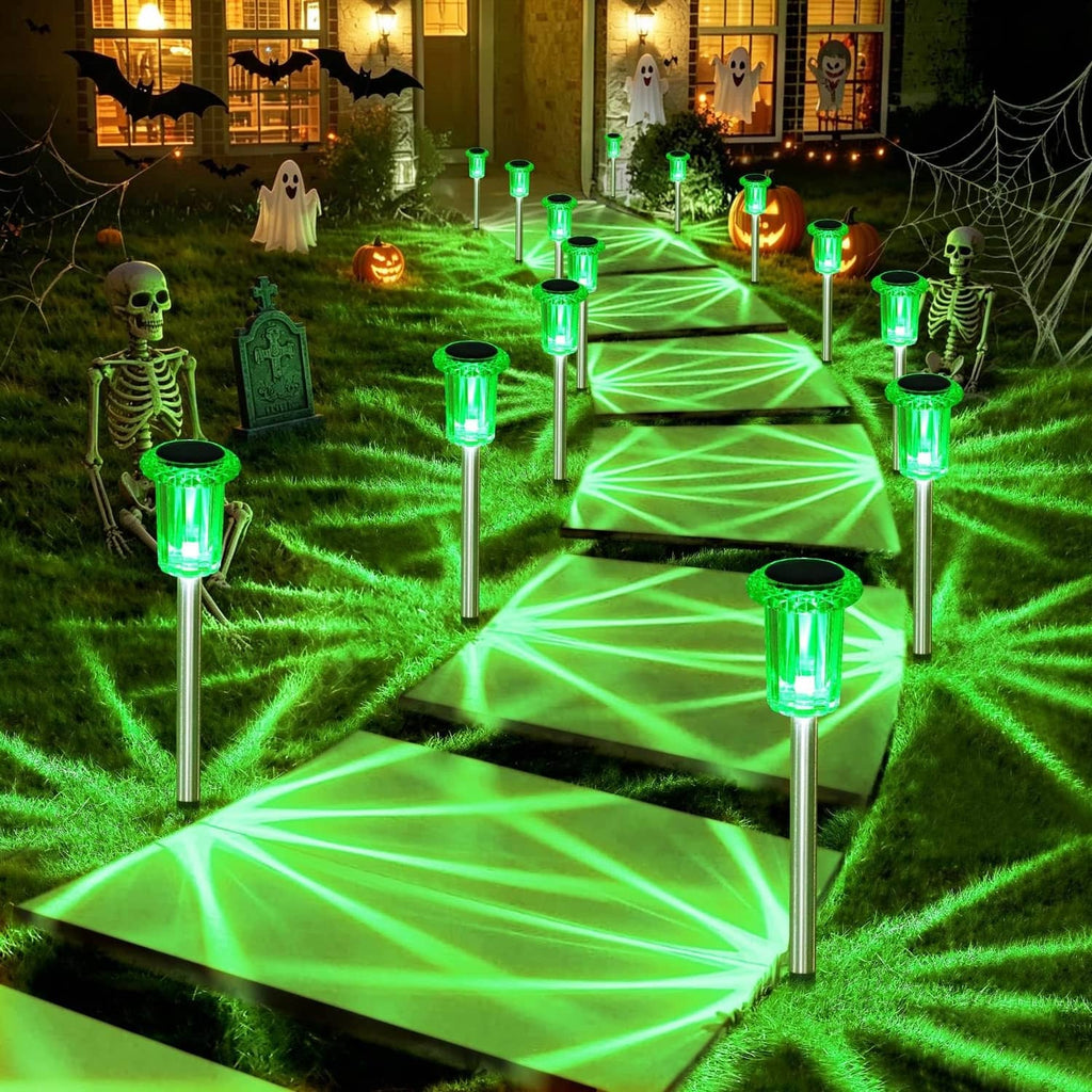 Green LED solar Halloween pathway lights with spike stands and glowing stake tips