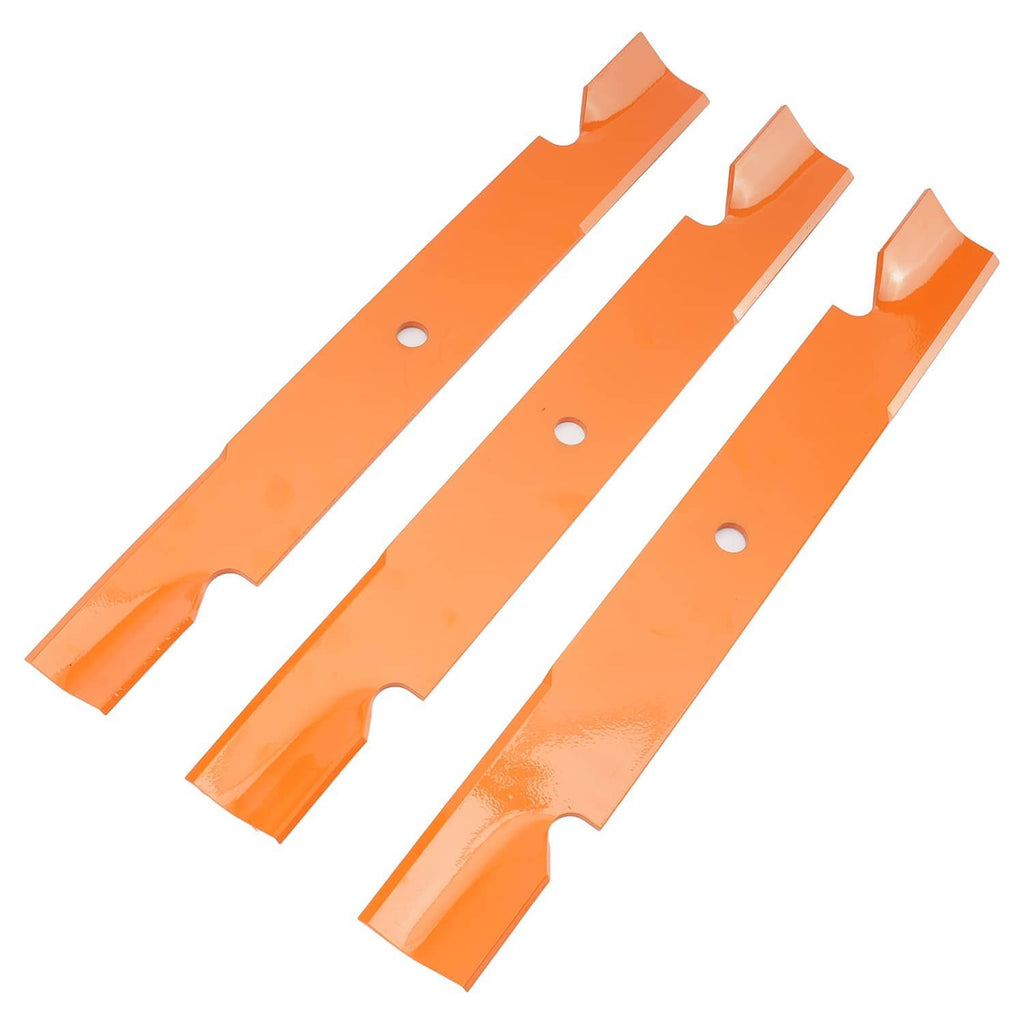 Orange mower deck blades set of 4, angled view with bolt holes and mounting tabs