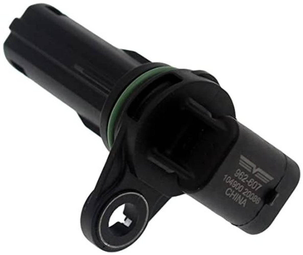 Black crankshaft position sensor with green seal ring and stamped code on housing