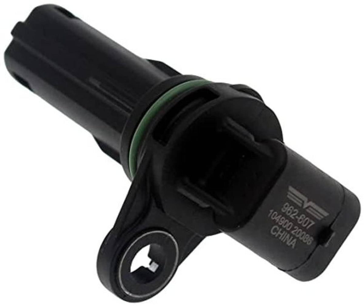Black crankshaft position sensor with green seal ring and stamped code on housing
