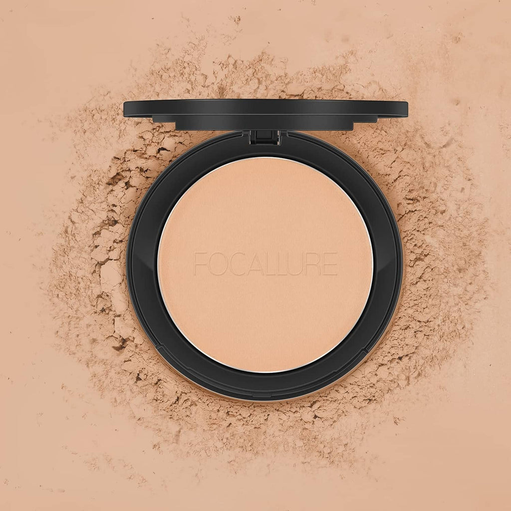 Focallure pressed powder compact with beige refill pan in black case