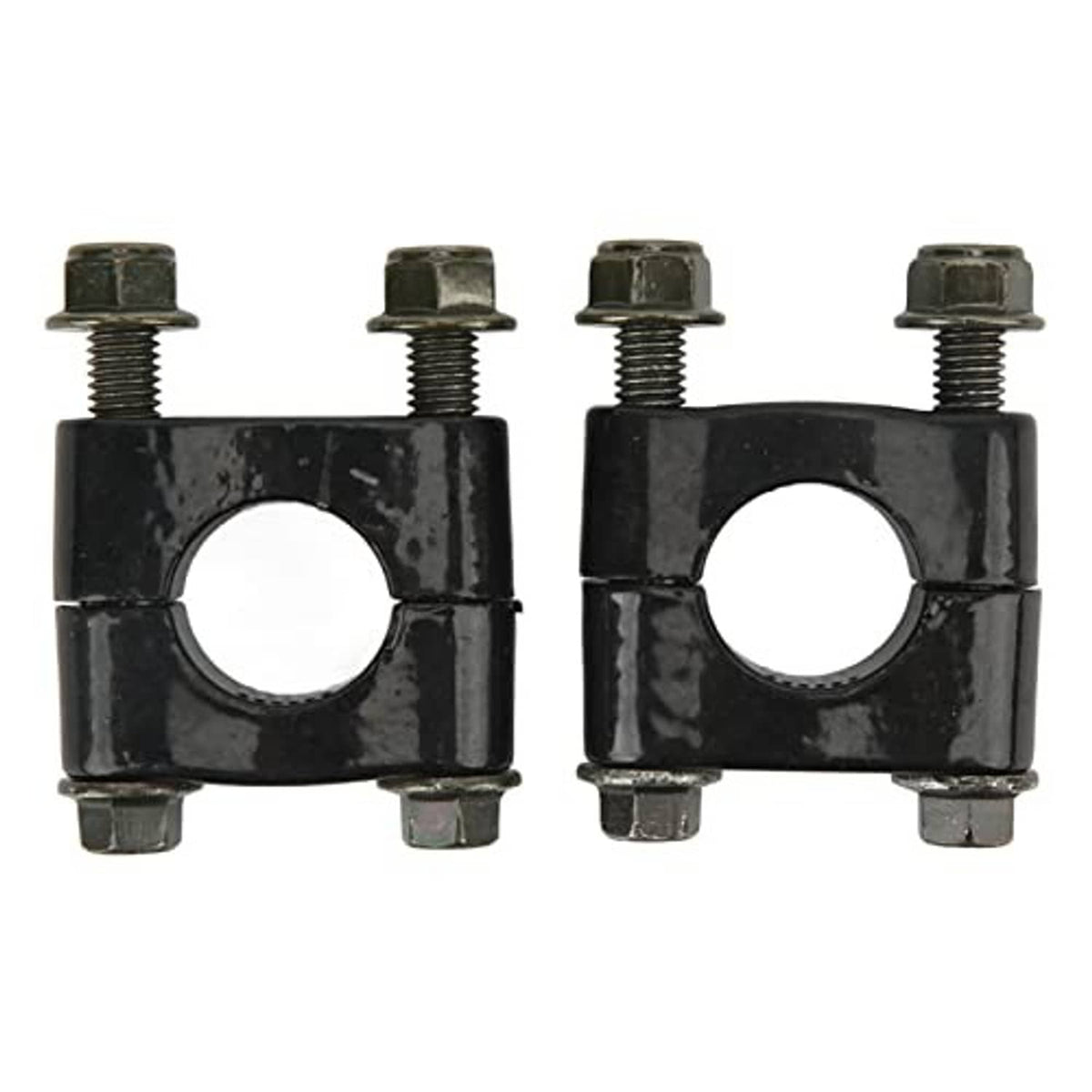 Set of black handlebar clamp risers with threaded bolts and circular center cutouts