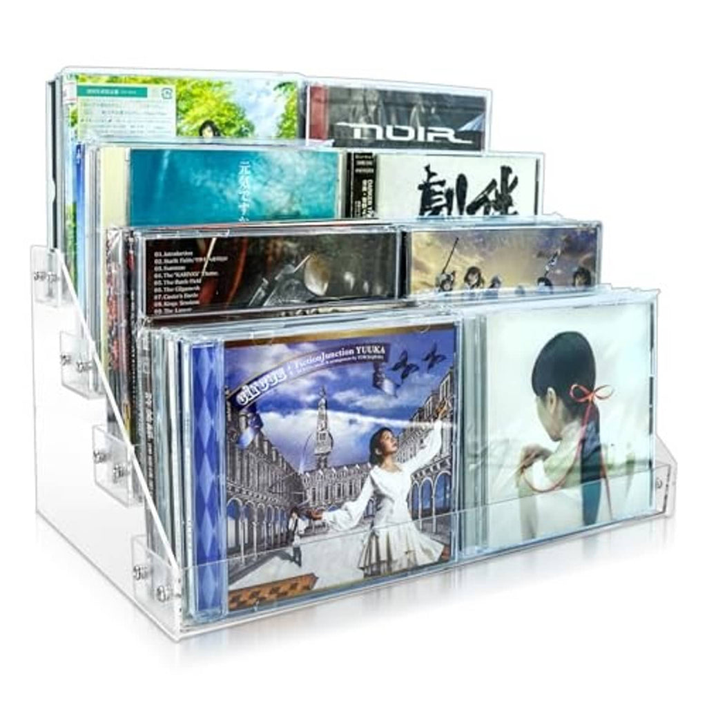 Clear acrylic 4-tier cascading CD/DVD holder displaying several CDs across tiers