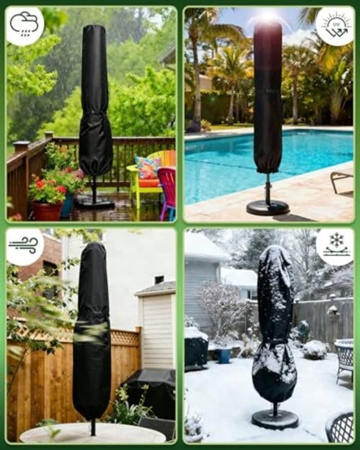 Black patio umbrella cover displayed for outdoor weather protection scenarios