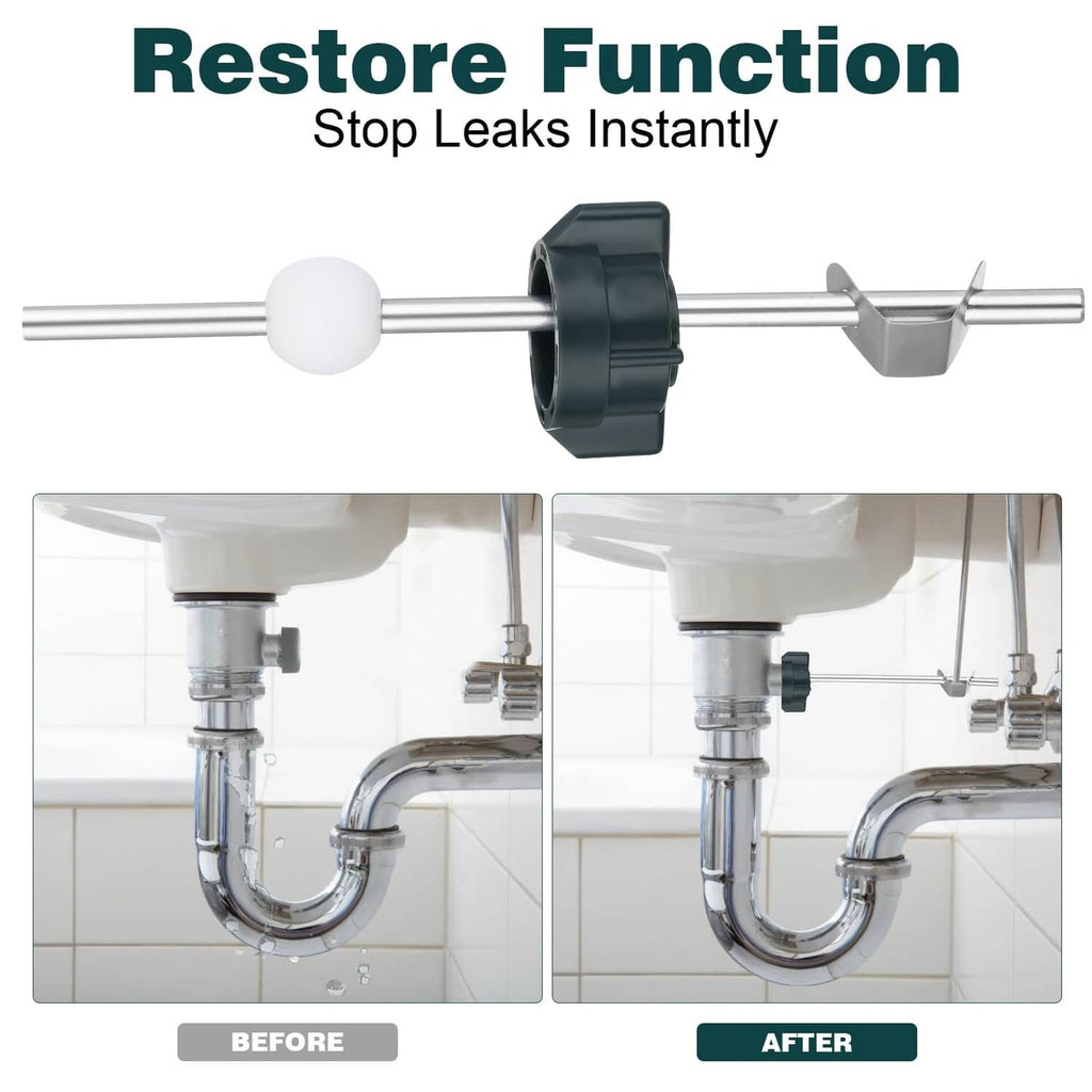 Bathroom sink pop-up stopper replacement kit with centered pivot rod, white ball, dark retainer